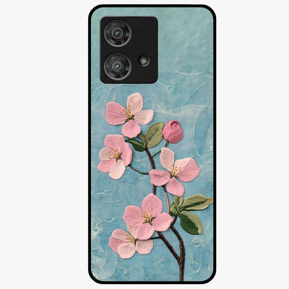 Threaded Blossom Breeze Glass Case showing flat back view with delicate blossom artwork and glossy glass finish.