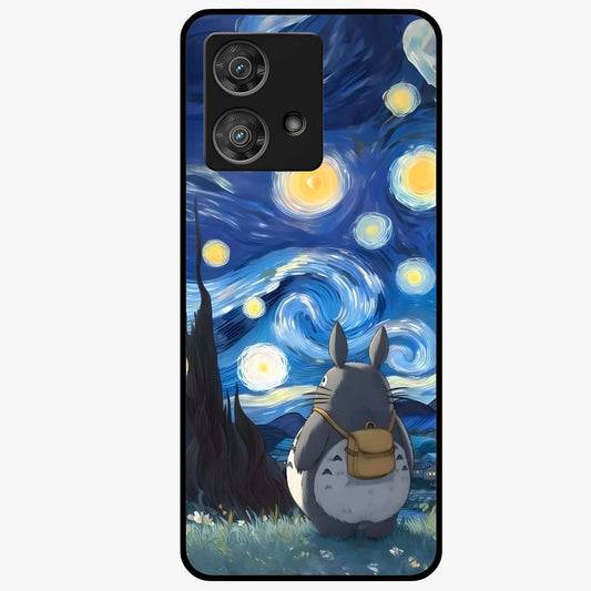 Totoro In Van Gogh Art Glass Case showing flat back view with whimsical character artwork inspired by Van Gogh style and glossy glass finish.