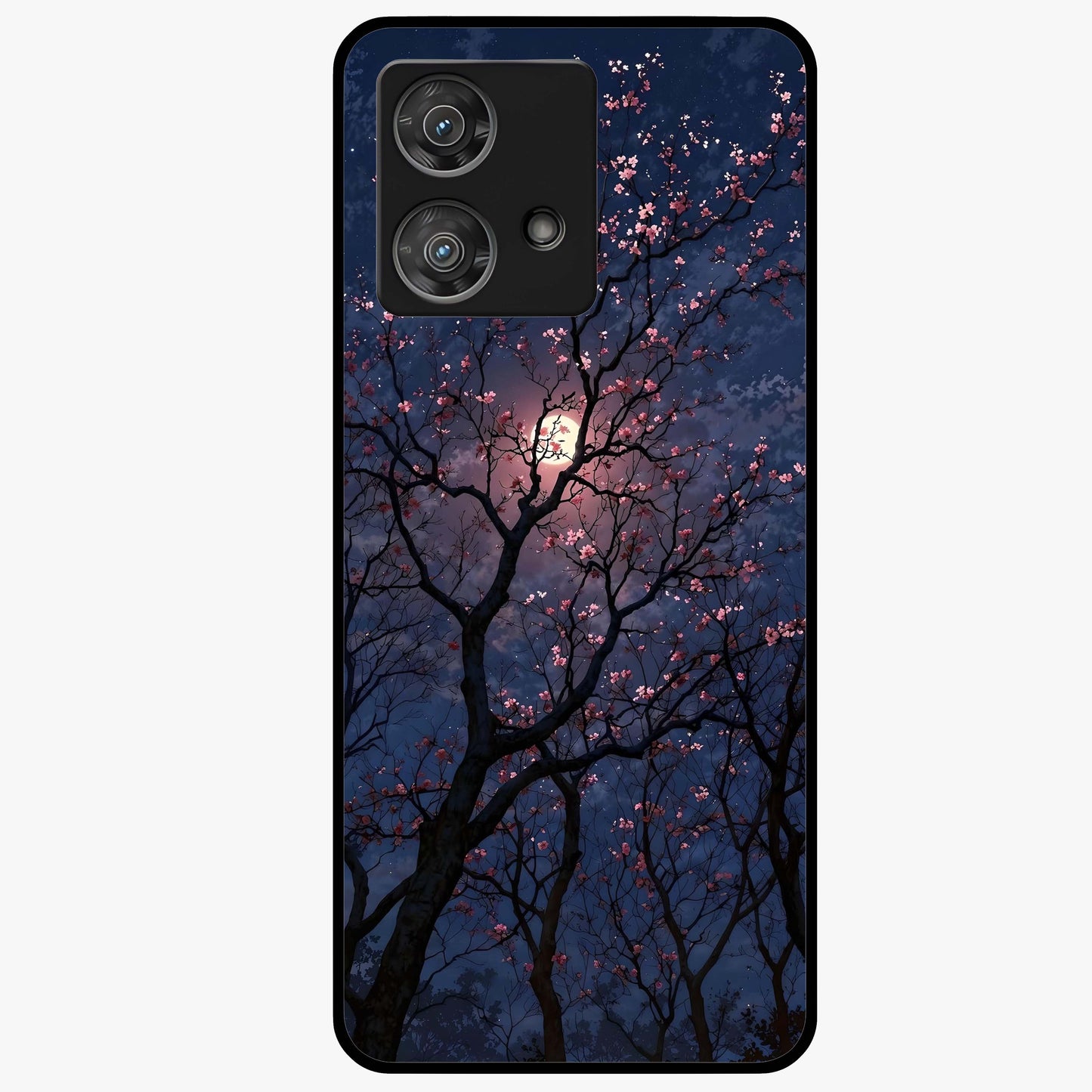 Twilight Sakura Serenade Glass Case showing flat back view with cherry blossom artwork at twilight and glossy glass finish.