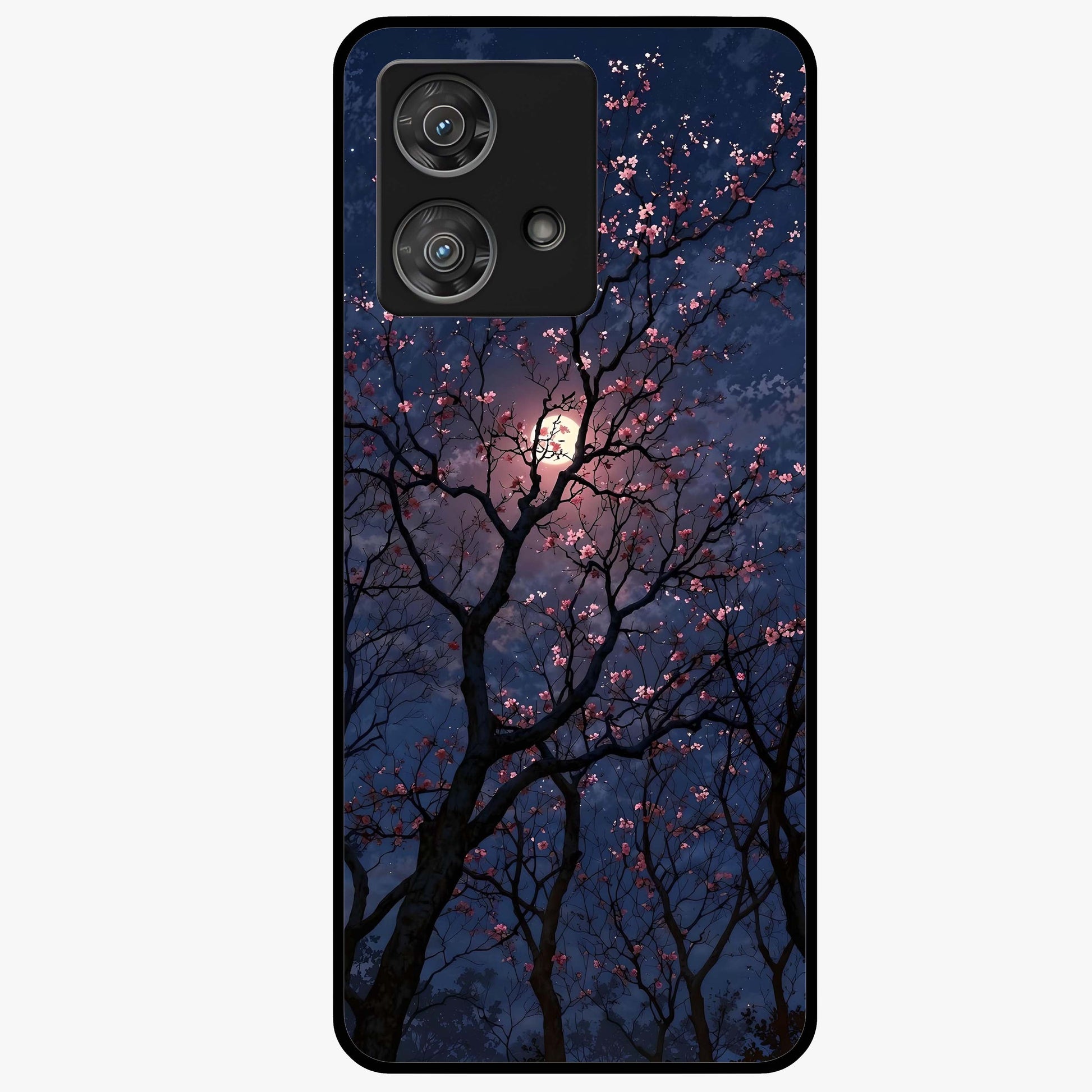 Twilight Sakura Serenade Glass Case showing flat back view with cherry blossom artwork at twilight and glossy glass finish.