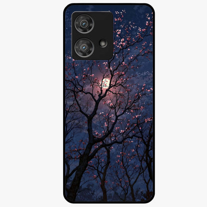 Twilight Sakura Serenade Glass Case showing flat back view with cherry blossom artwork at twilight and glossy glass finish.