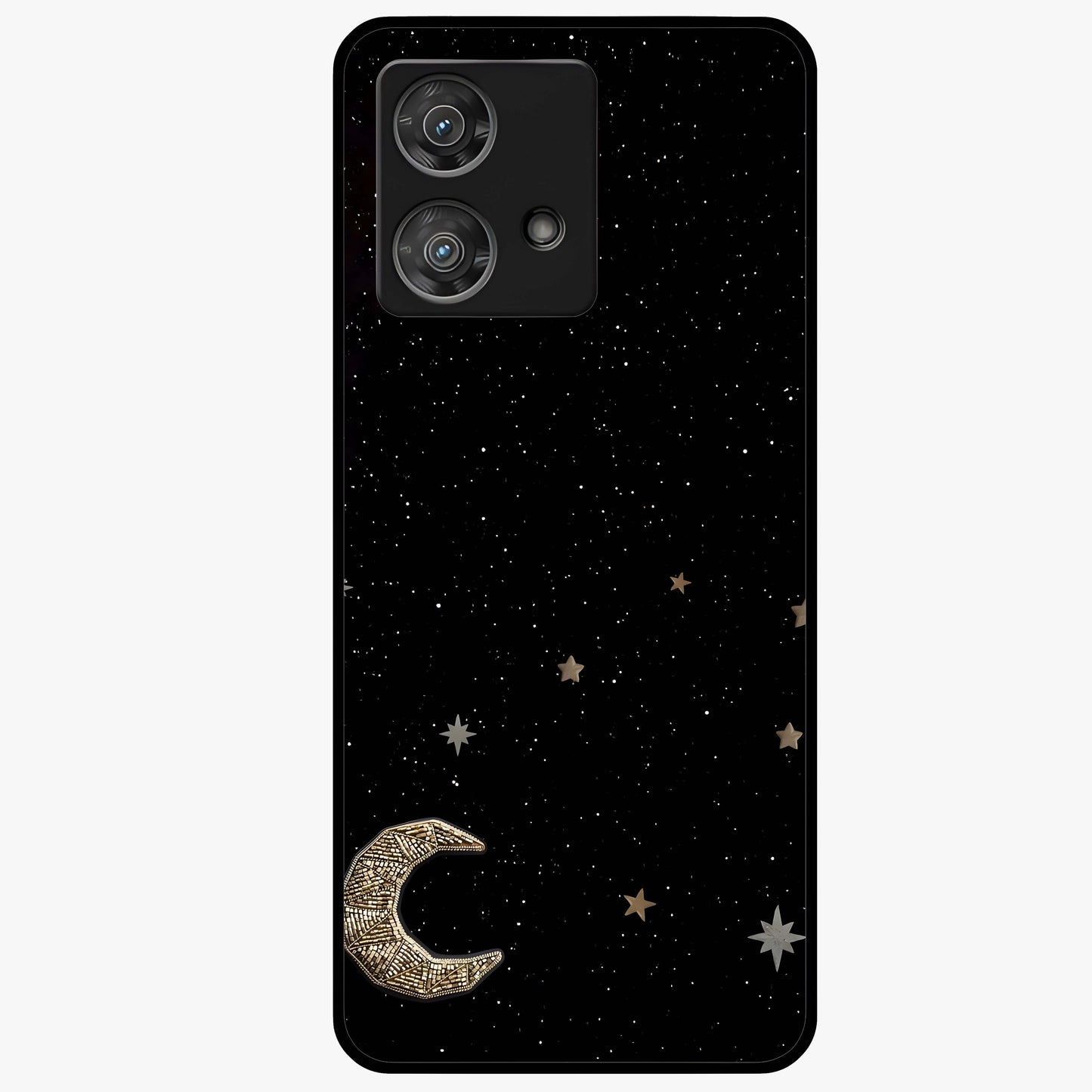 Twinkle Star With Half Moon Glass Case showing flat back view with star and half moon artwork and glossy glass finish.