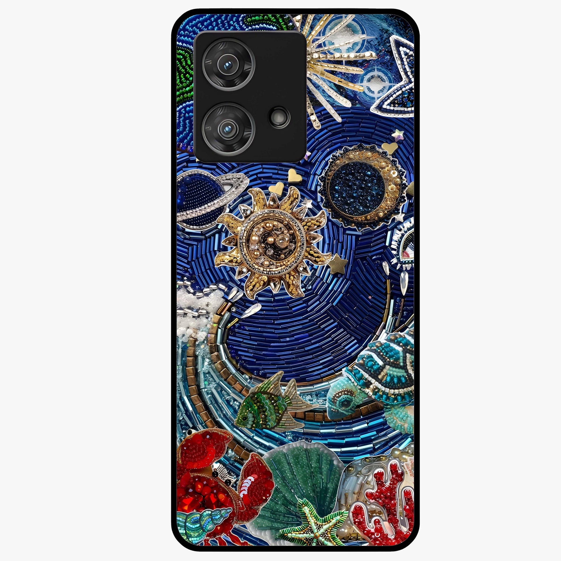 Universe Underwater Spark Glass Case showing flat back view with cosmic underwater themed artwork and glossy glass finish.