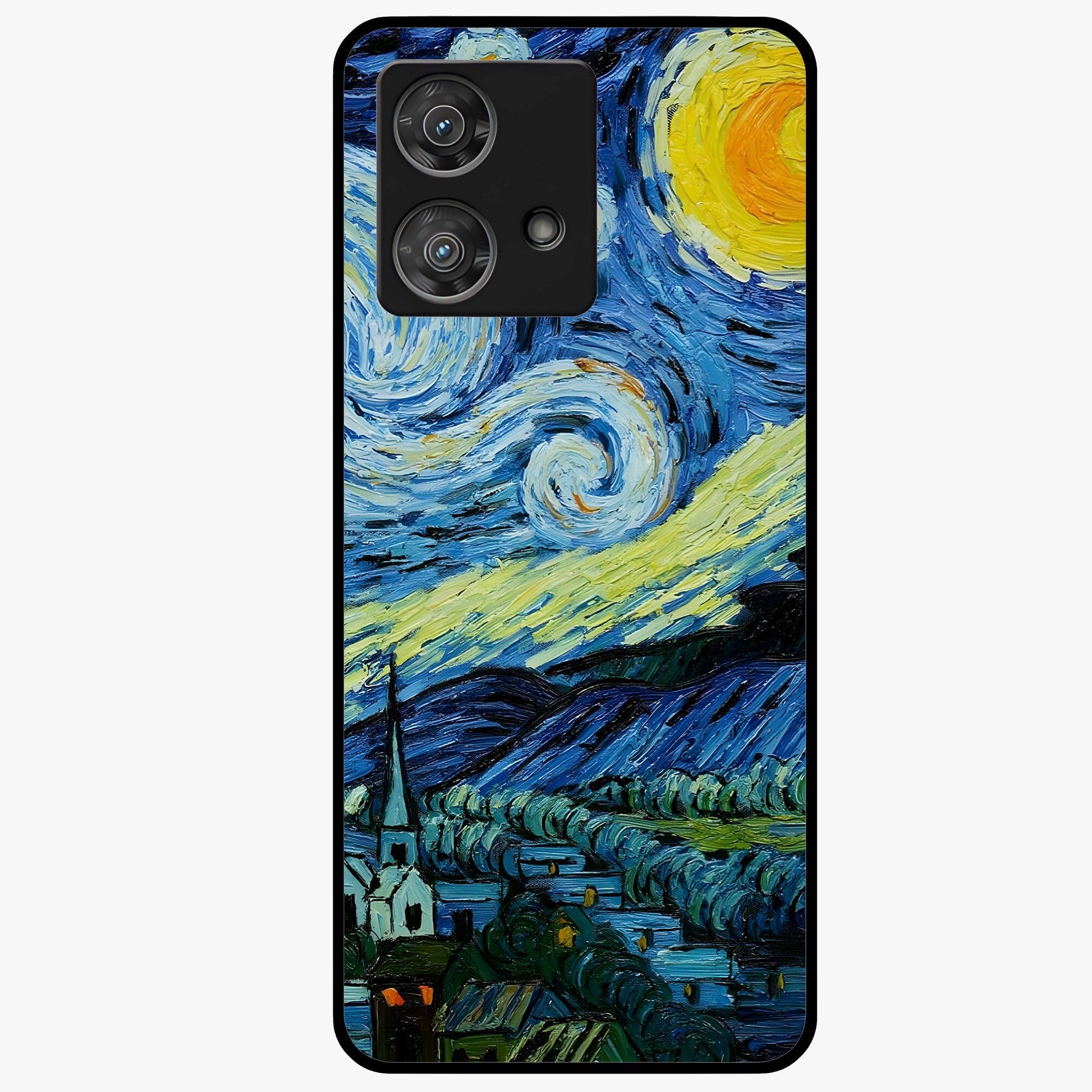Van Gogh Art Glass Case showing flat back view with classic painterly artwork inspired by Van Gogh style and glossy glass finish.