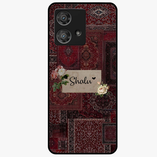 Velvet Wine Pattern Custom Name Glass Case showing flat back view with elegant wine colored pattern artwork and personalized name design.