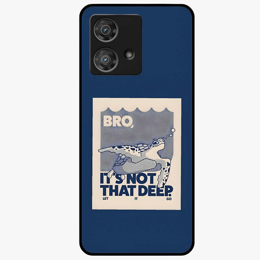 Worry Less Swim Glass Case showing flat back view with playful motivational artwork and glossy glass finish.
