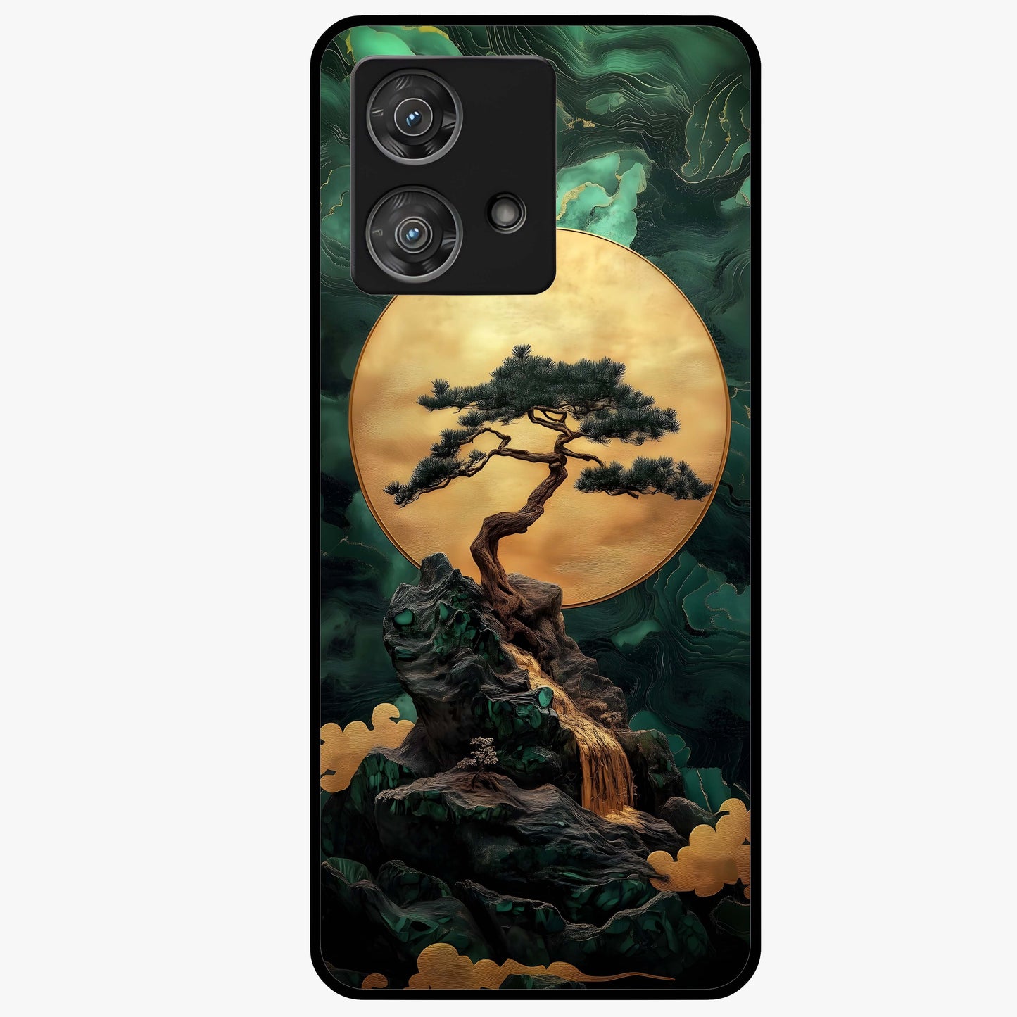 Zen Moon Rise Glass Case showing flat back view with calm moonrise artwork and glossy glass finish.