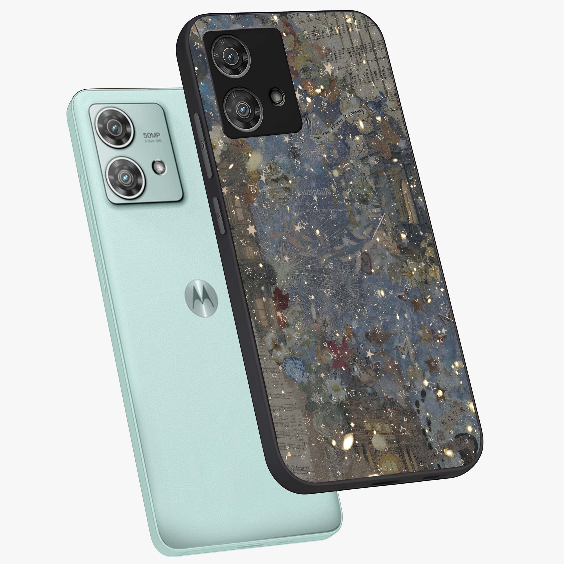 Aesthetic Astrolophia Glass Case displayed in angled mockup highlighting artistic aesthetic elements and smooth glass surface.