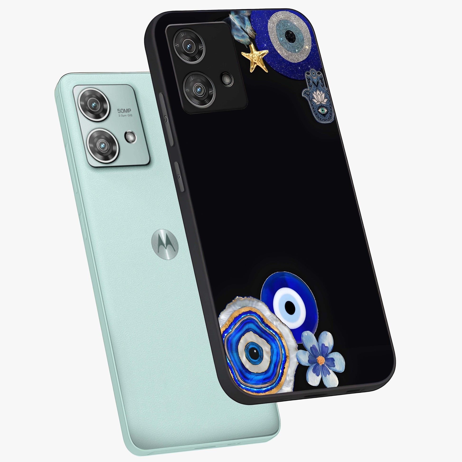 Aesthetic Blue Evil Eye Glass Case displayed in angled mockup highlighting blue evil eye symbol and spiritual aesthetic design.