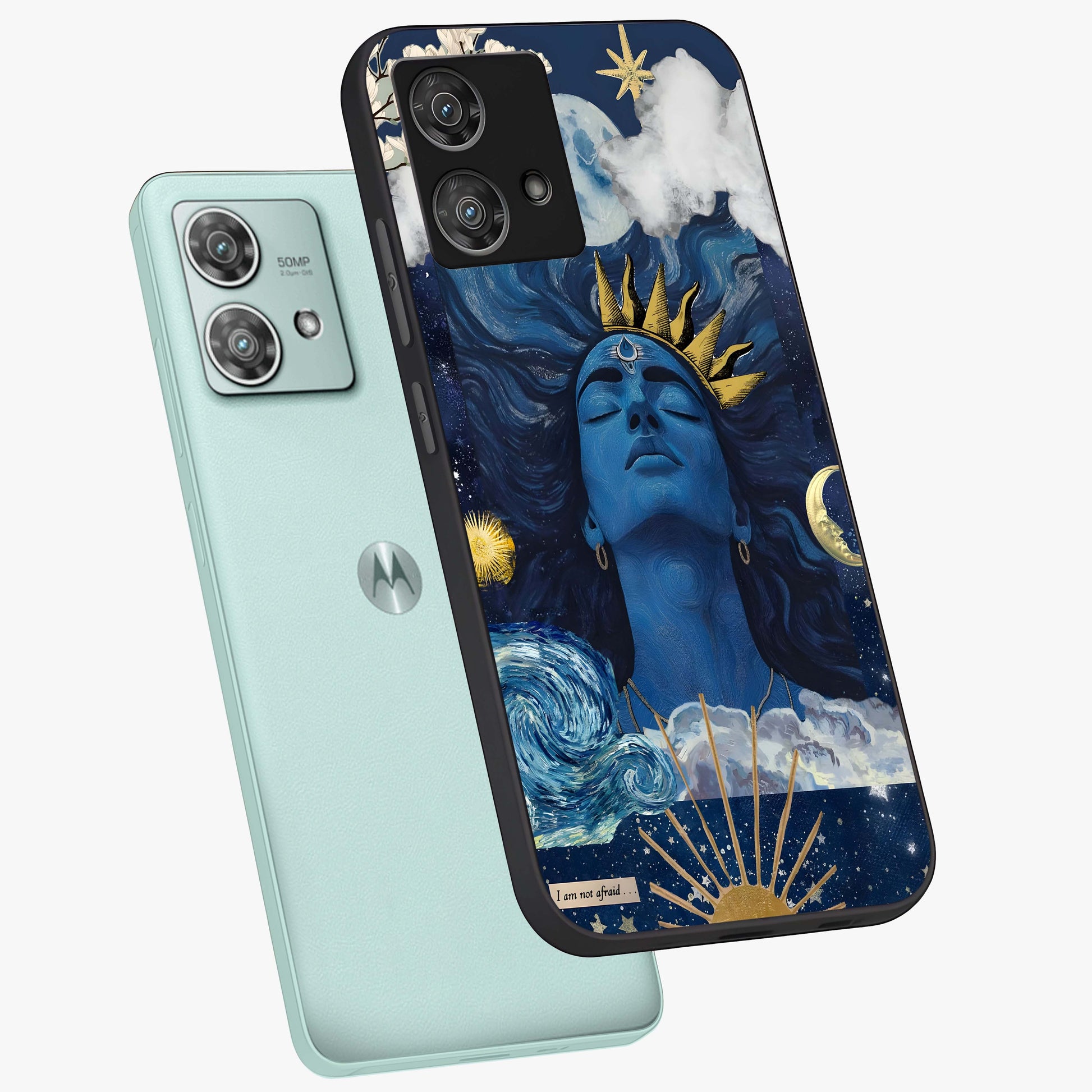 Aesthetic Lord Shiva Glass Case displayed in angled mockup highlighting spiritual Shiva illustration and sacred aesthetic design.