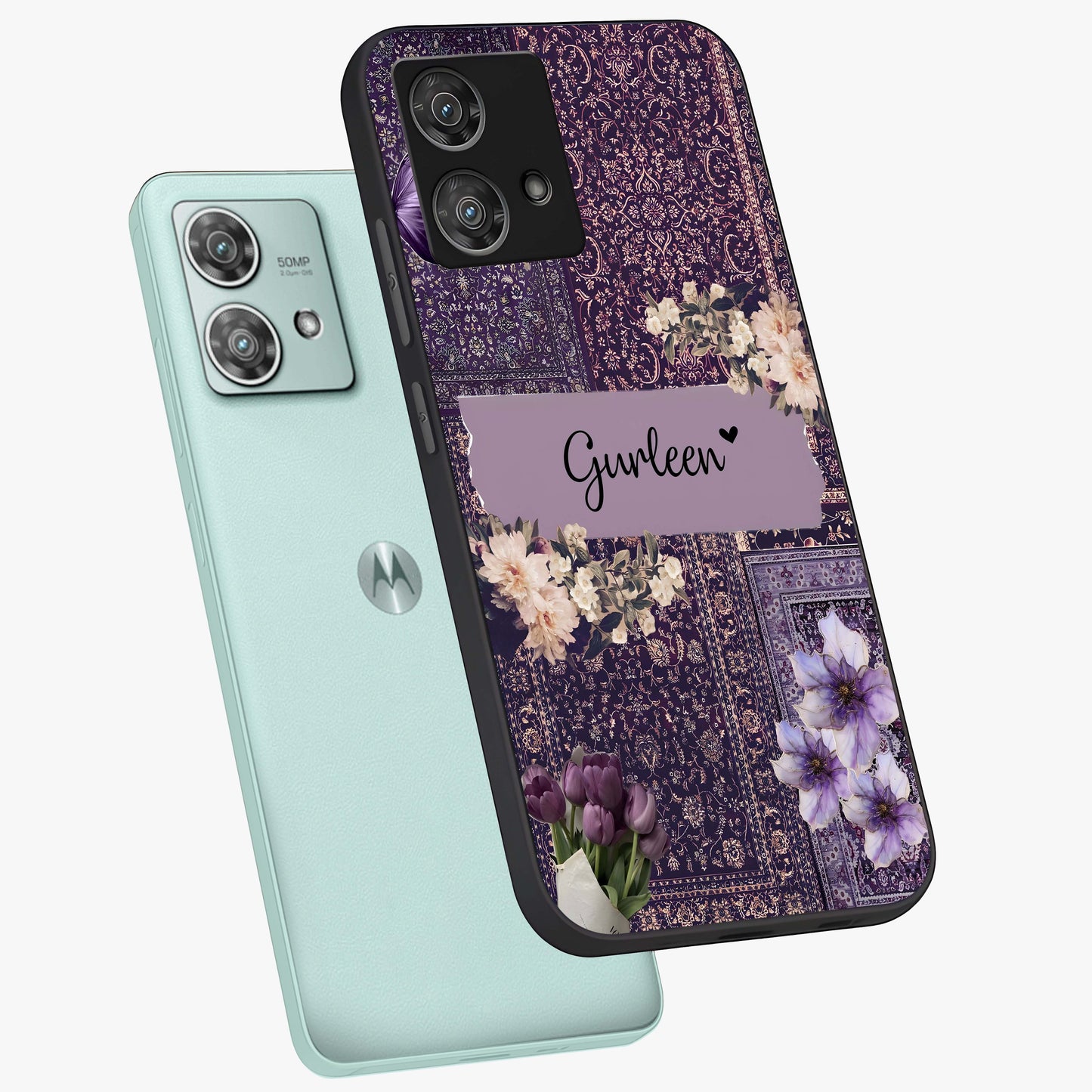 Antique Floral Whisper Custom Name Glass Case displayed in angled mockup highlighting elegant antique floral aesthetic.