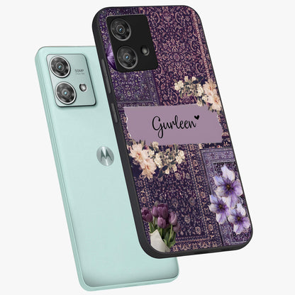 Antique Floral Whisper Custom Name Glass Case displayed in angled mockup highlighting elegant antique floral aesthetic.