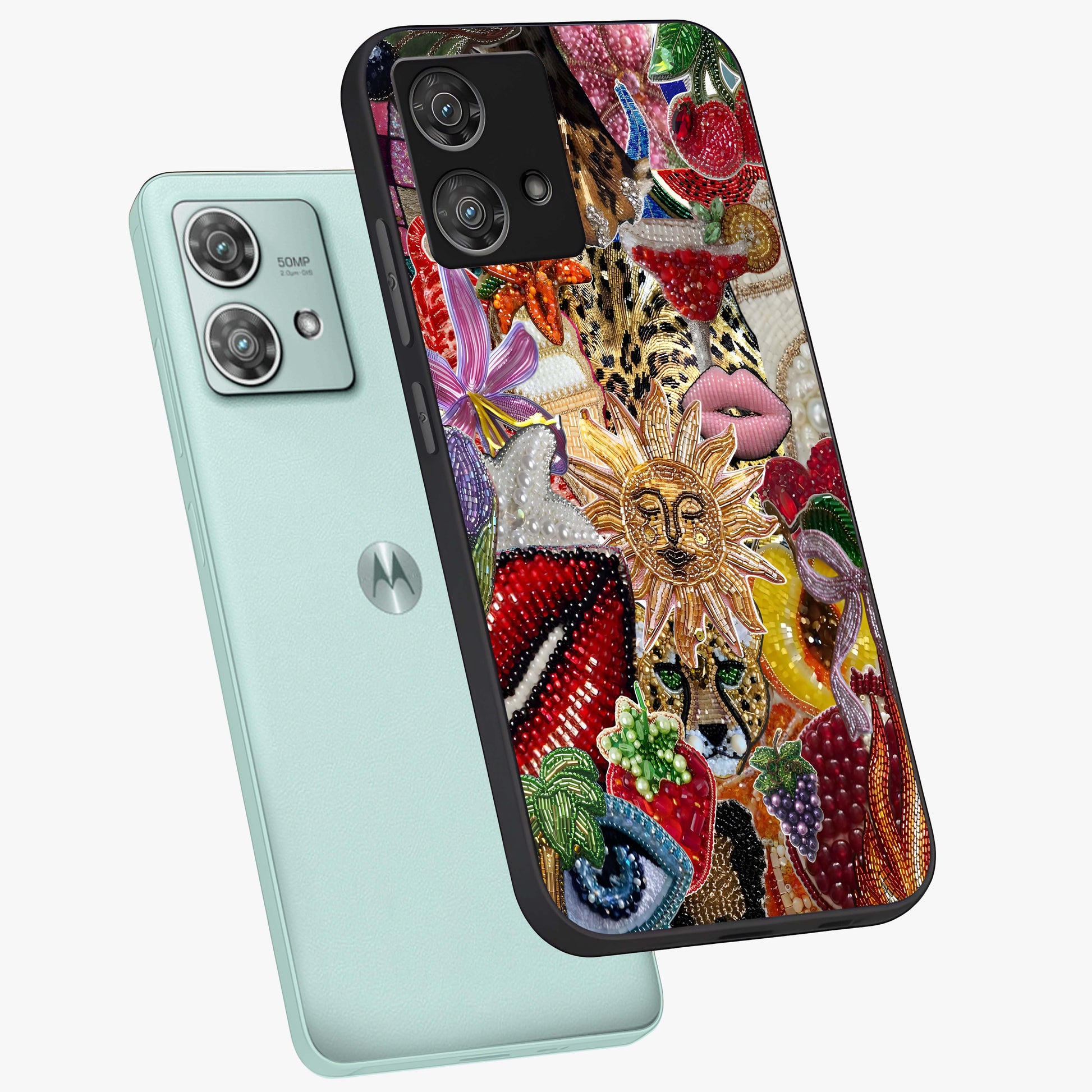 Beaded Fashion Jungle Glass Case displayed in angled mockup highlighting colorful fashion bead design and artistic pattern.