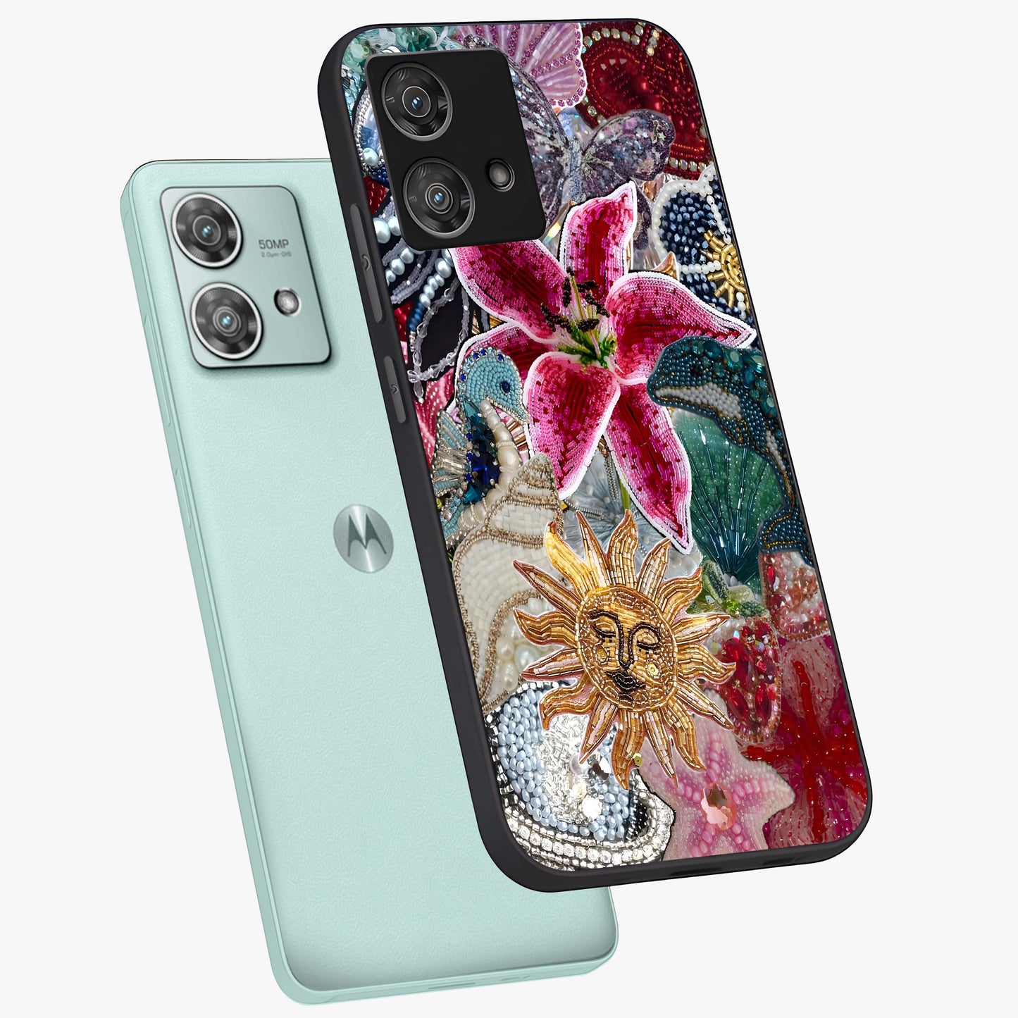 Beaded Garden Fantasy Glass Case displayed in angled mockup highlighting fantasy inspired floral bead pattern.