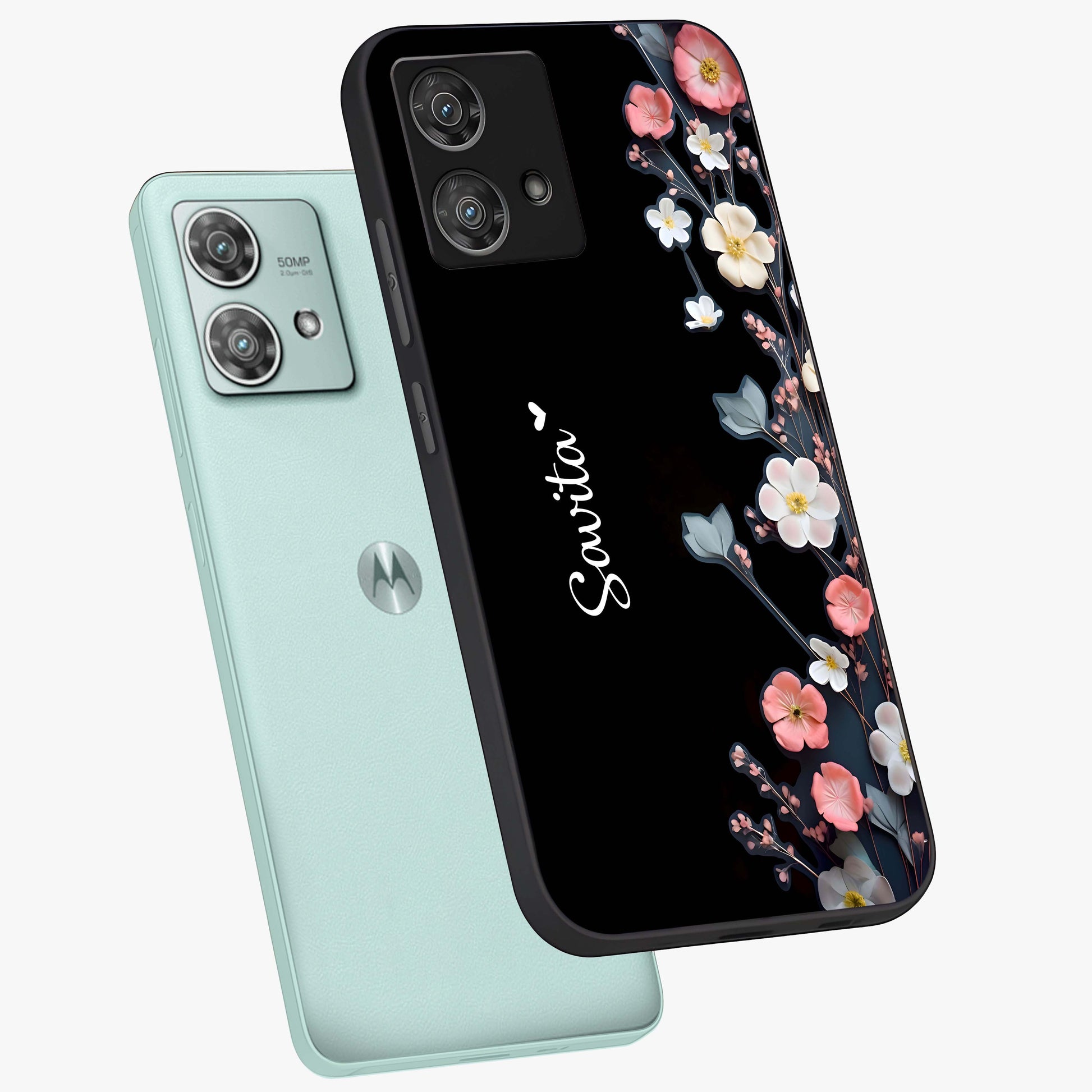 Black Elegance Floral Custom Name Glass Case displayed in angled mockup highlighting dark floral aesthetic and custom name feature.