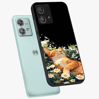 Blissful Bloom Cat Glass Case displayed in angled mockup highlighting playful feline illustration with soft floral aesthetic.