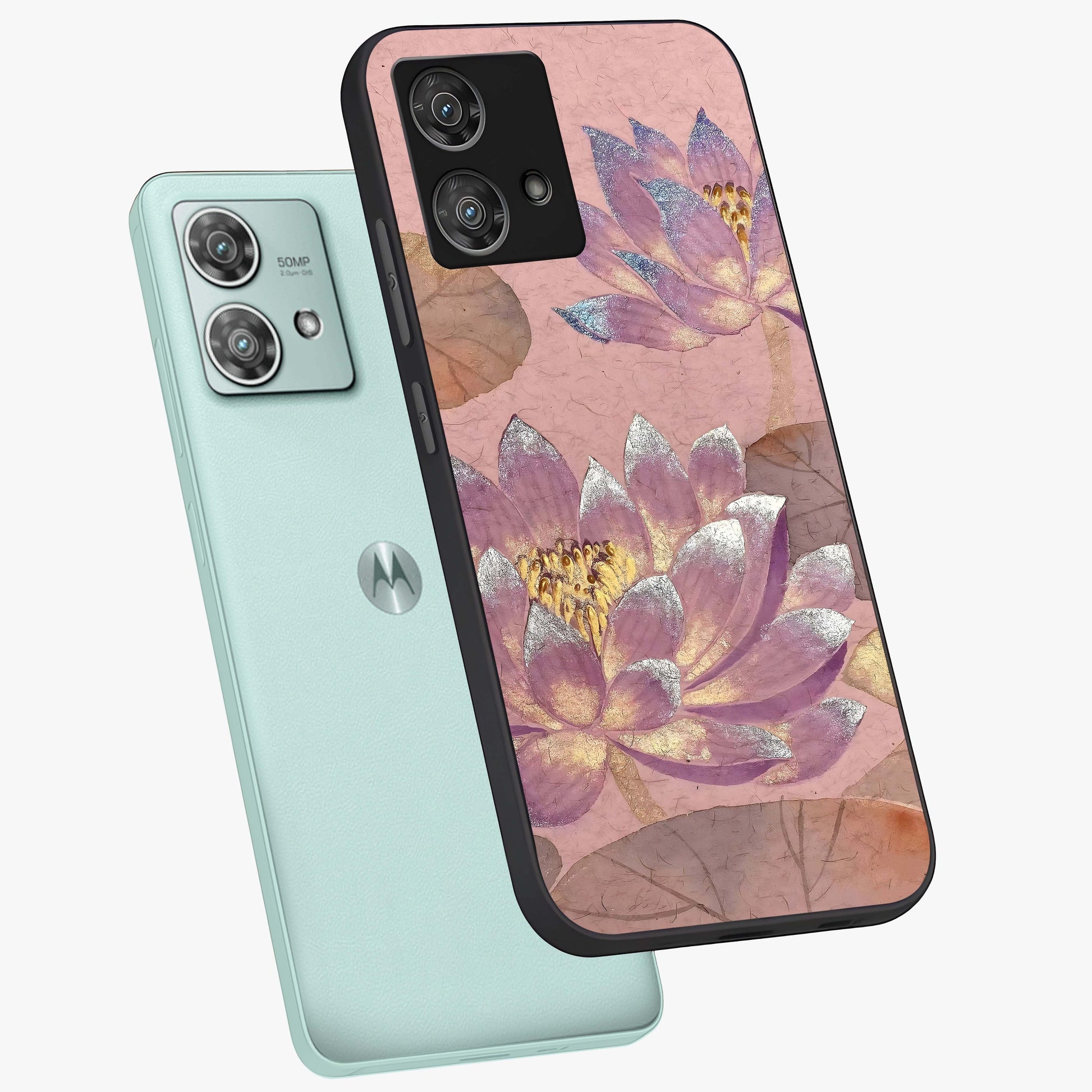 Blossom Mist Lotus Glass Case displayed in angled mockup highlighting delicate lotus illustration with calm aesthetic theme.