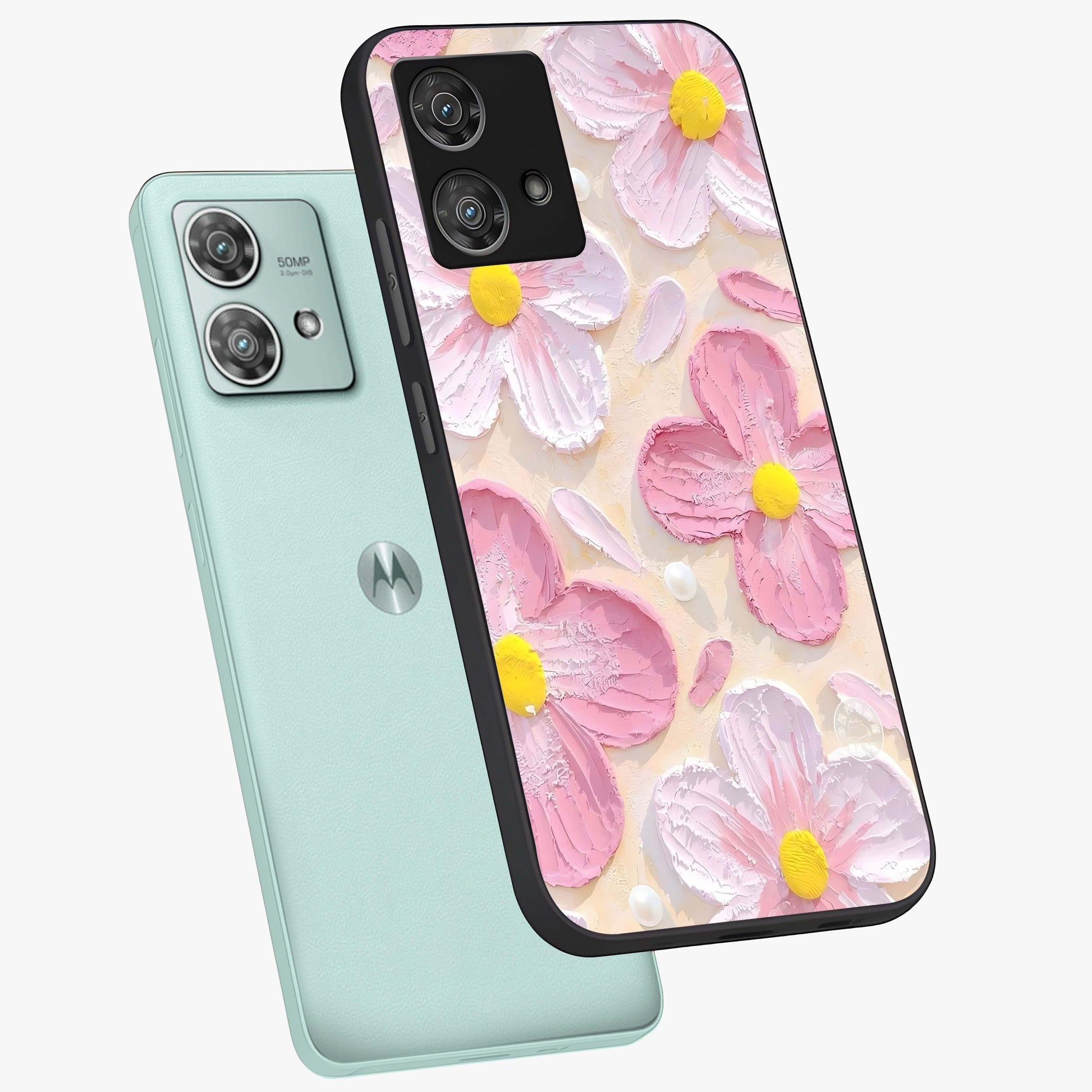 Blush Bloom Texture Glass Case displayed in angled mockup highlighting subtle bloom pattern with aesthetic pastel design.