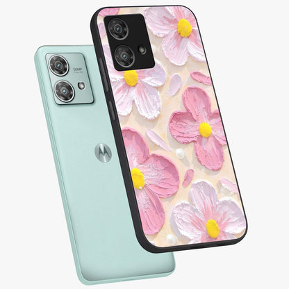 Blush Bloom Texture Glass Case displayed in angled mockup highlighting subtle bloom pattern with aesthetic pastel design.