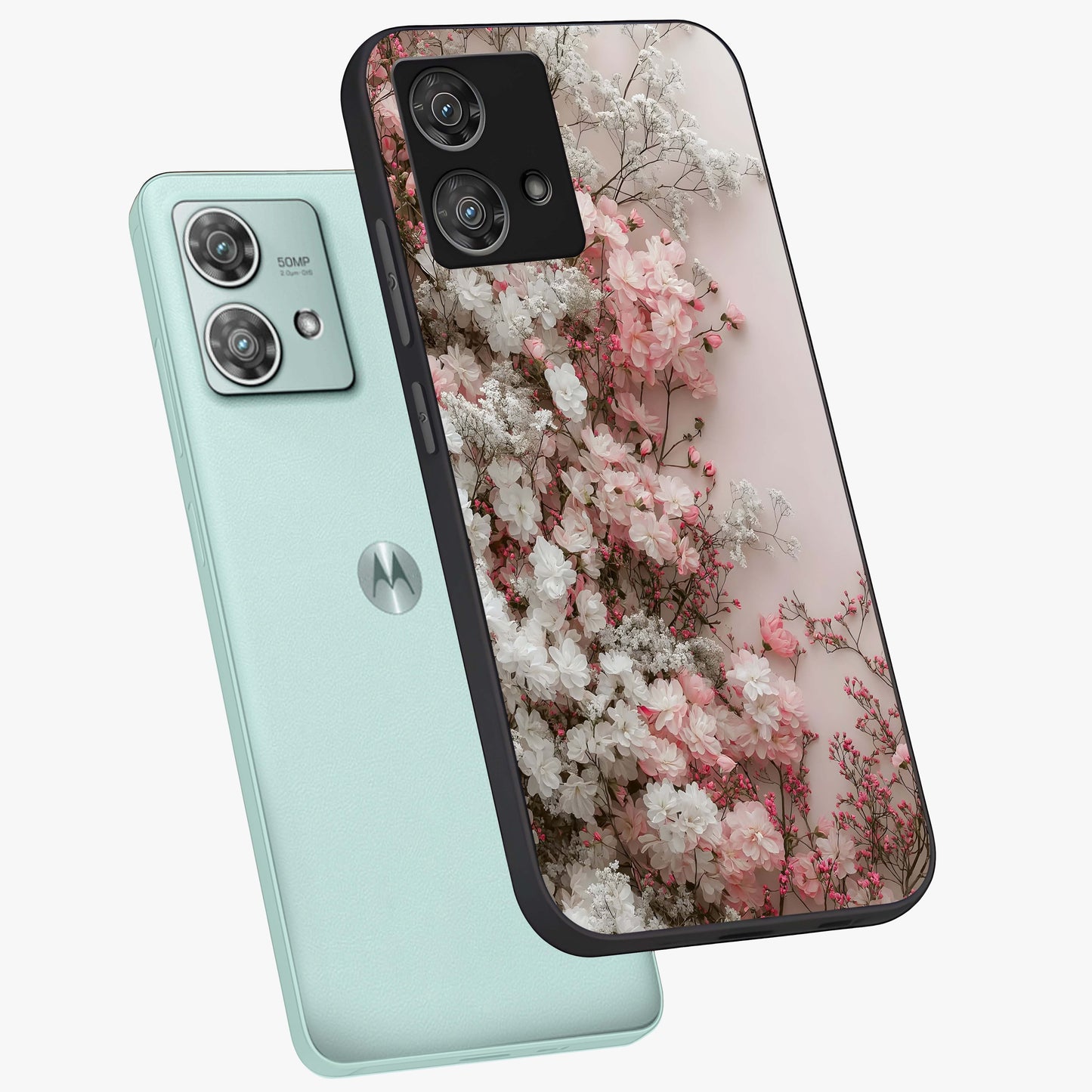 Blush Blossom Cloud Glass Case displayed in angled mockup highlighting soft cloud and blossom design with pastel aesthetic.