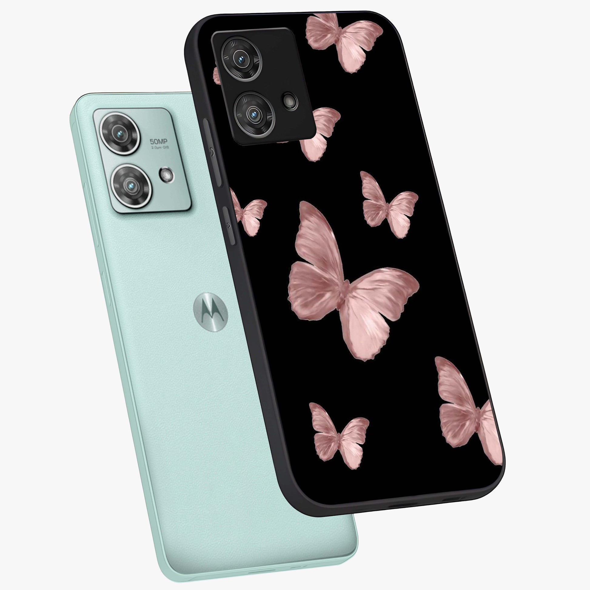Butterfly Pattern Glass Case displayed in angled mockup highlighting delicate butterfly design and aesthetic pattern style.