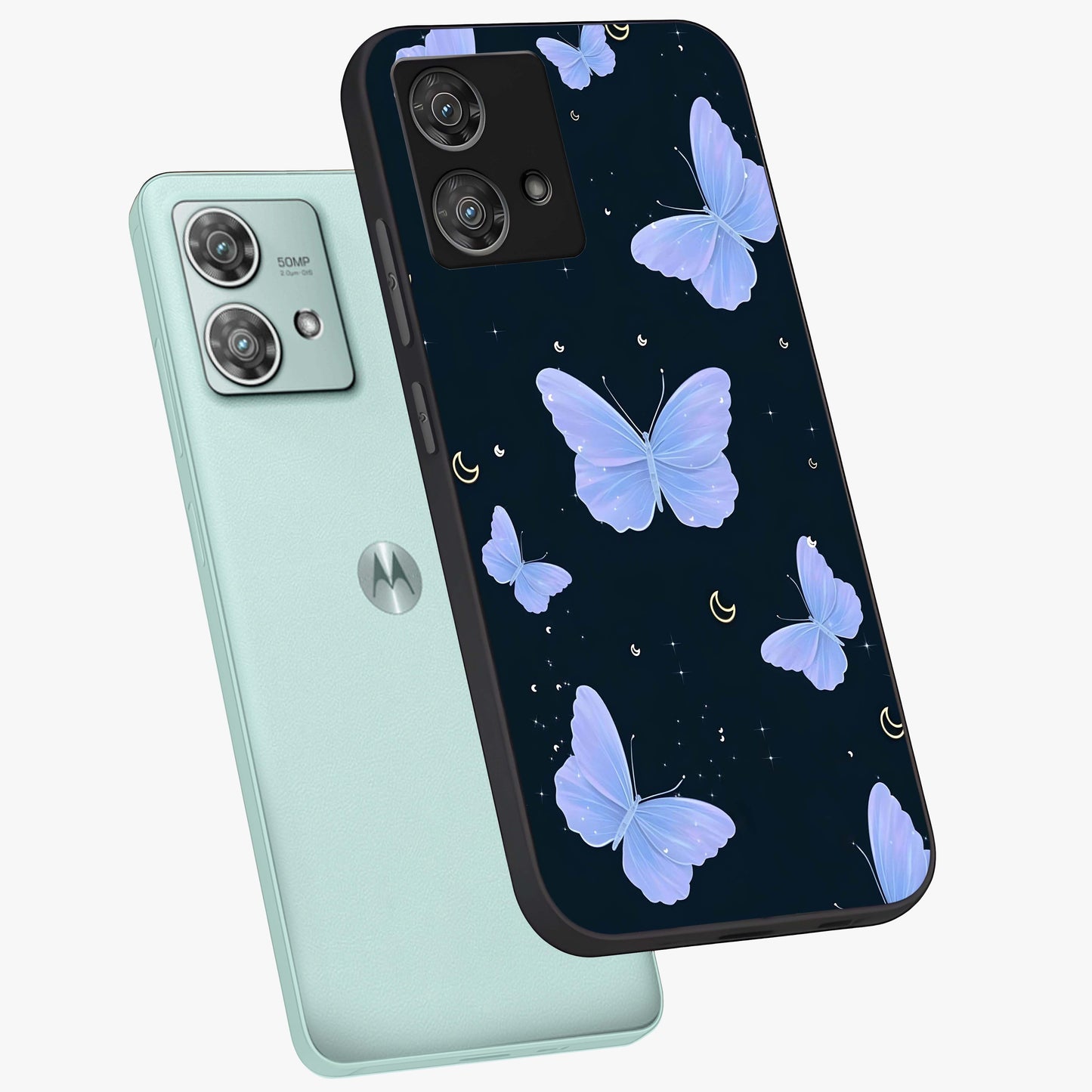 Butterfly With Stars Pattern Glass Case displayed in angled mockup highlighting dreamy butterfly and star design with aesthetic theme.