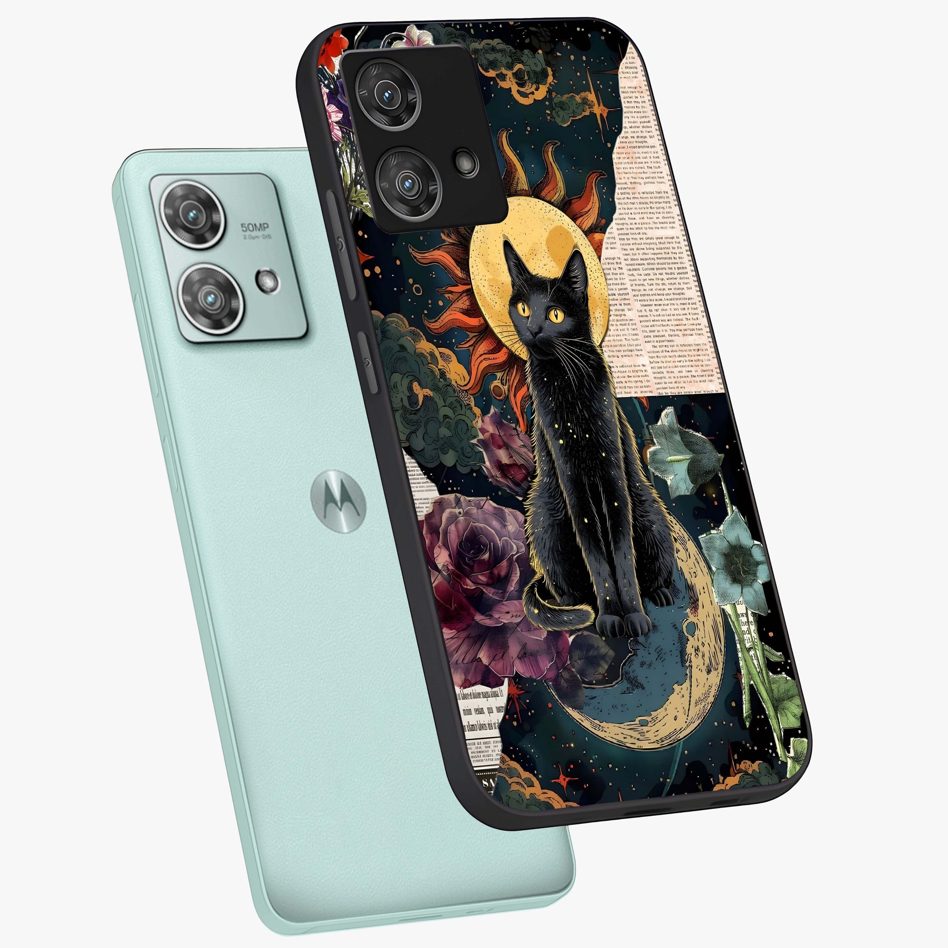 Celestial Black Cat Glass Case displayed in angled mockup highlighting cosmic black cat design with celestial aesthetic.