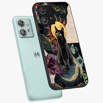 Celestial Black Cat Glass Case displayed in angled mockup highlighting cosmic black cat design with celestial aesthetic.