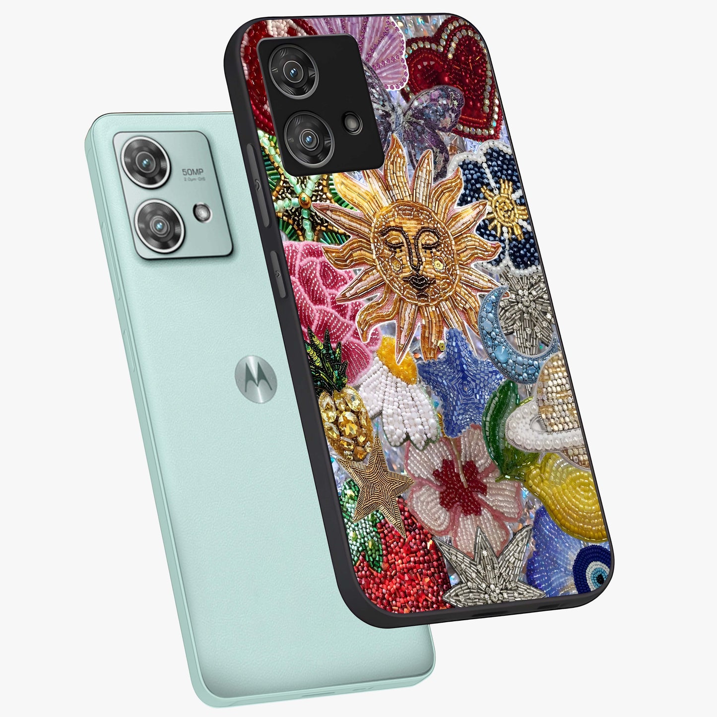 Celestial Floral and Playful Glass Case displayed in angled mockup highlighting playful floral design with dreamy celestial elements.