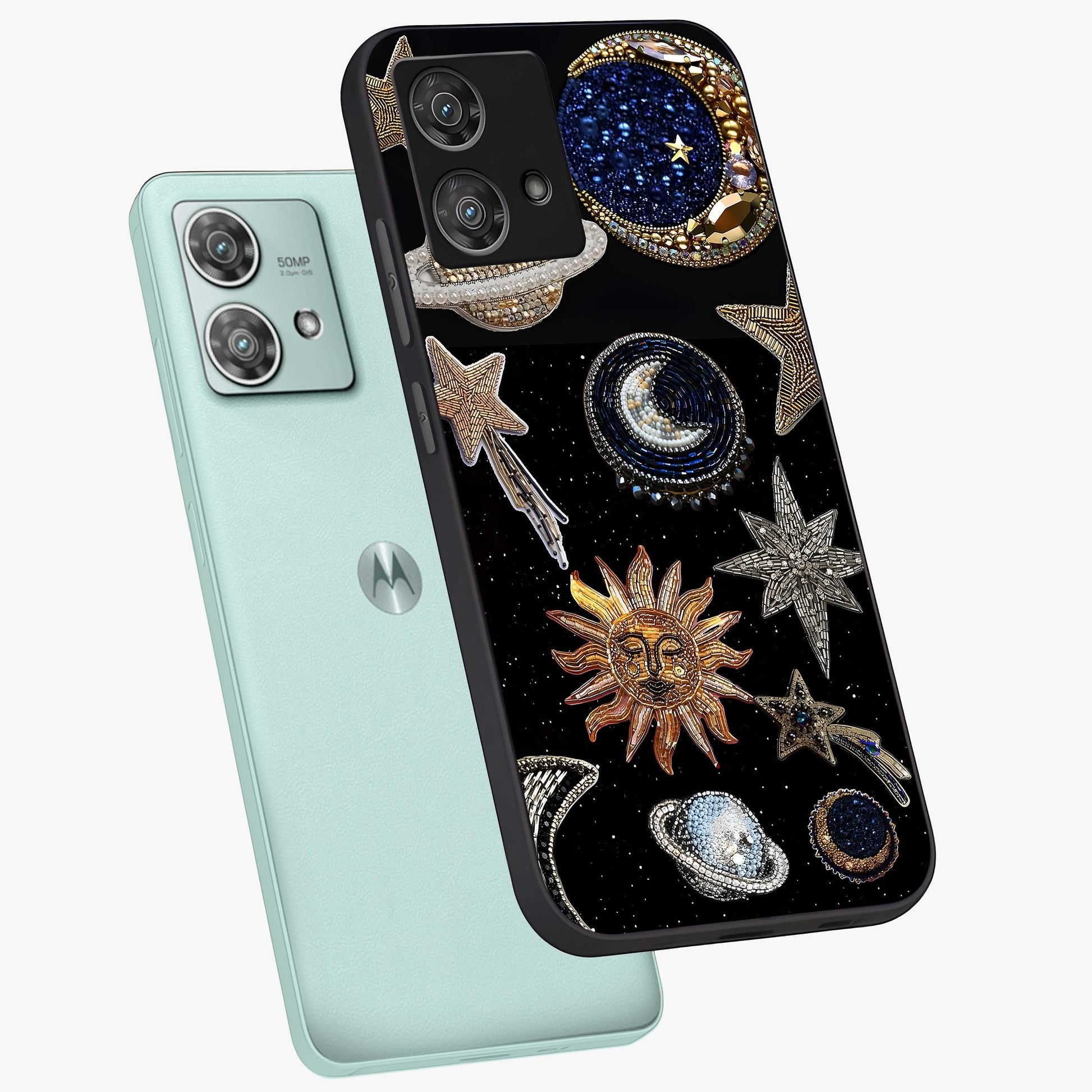 Celestial Gem Constellations Glass Case displayed in angled mockup highlighting gemstone inspired constellation design.