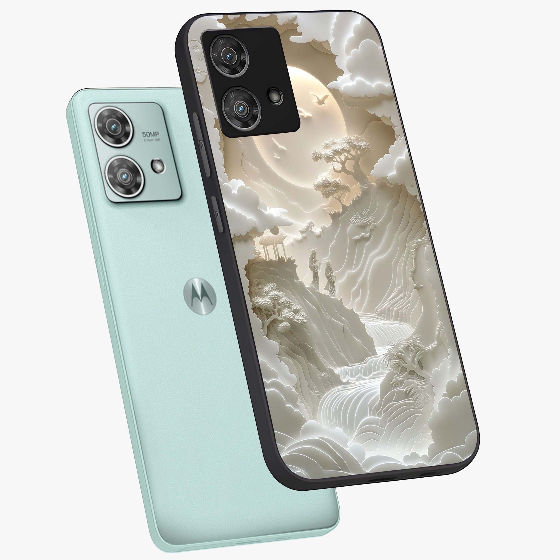 Celestial Origami Glass Case displayed in angled mockup highlighting geometric origami design with cosmic aesthetic theme.