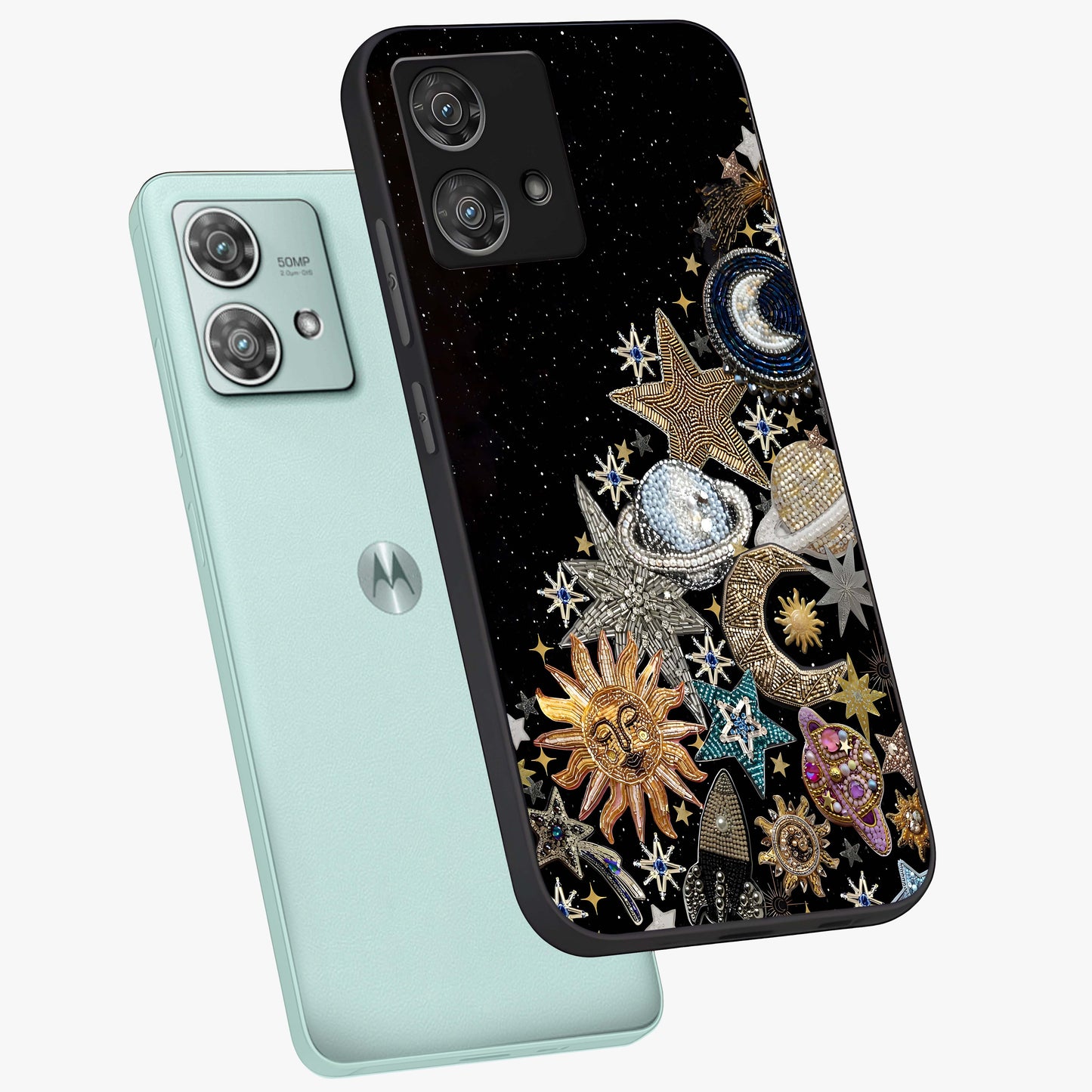 Cosmic Sparkle Dreams Glass Case displayed in angled mockup highlighting dreamy star sparkle design with celestial aesthetic.