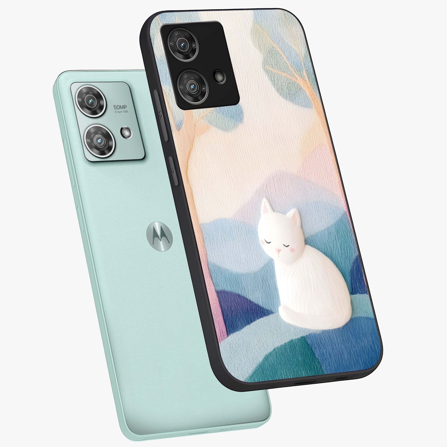Cotton Dream Cat Glass Case displayed in angled mockup highlighting cute feline illustration with pastel aesthetic style.