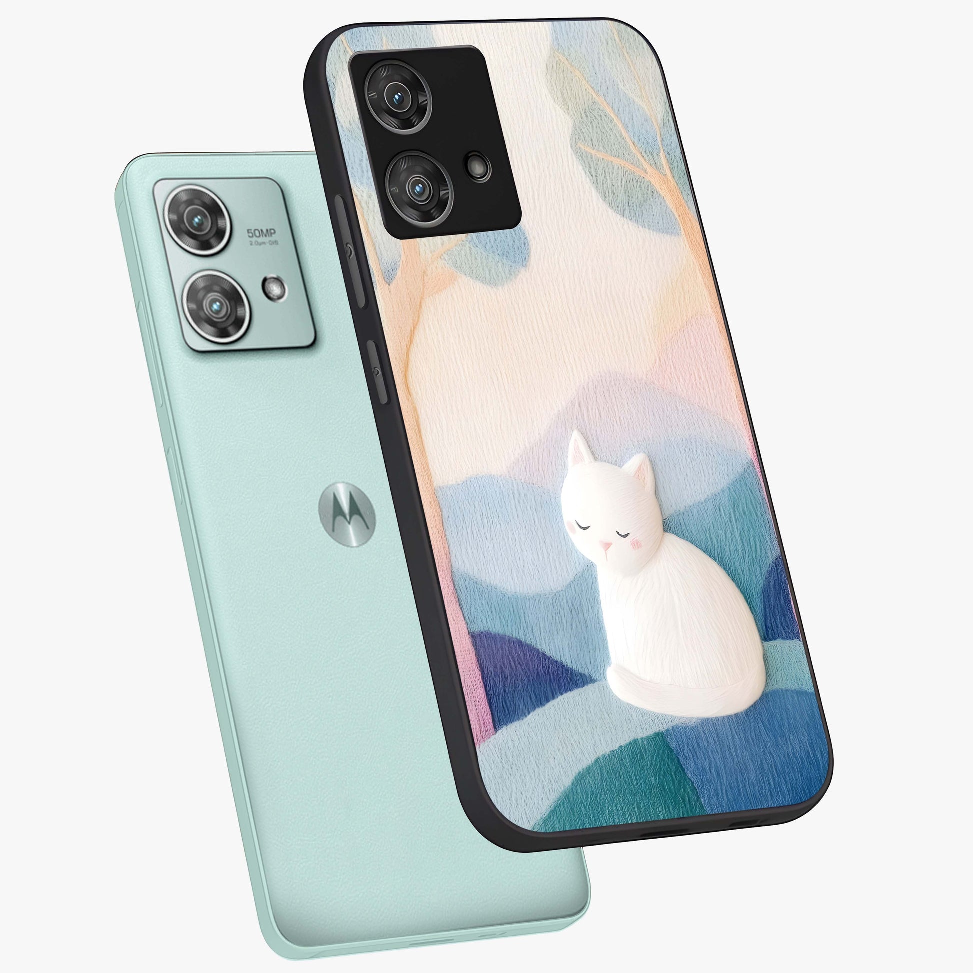 Cotton Dream Cat Glass Case displayed in angled mockup highlighting cute feline illustration with pastel aesthetic style.