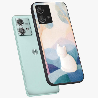 Cotton Dream Cat Glass Case displayed in angled mockup highlighting cute feline illustration with pastel aesthetic style.