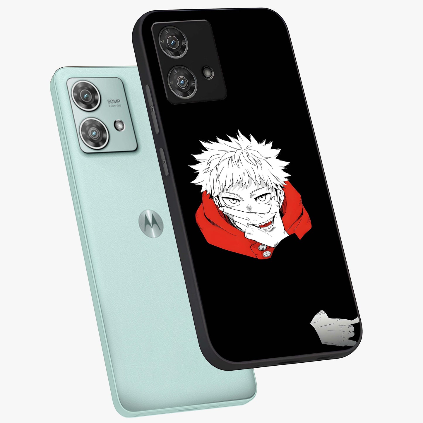 Crimson Chaos Smile Glass Case displayed in angled mockup highlighting edgy crimson smile design with graphic aesthetic.