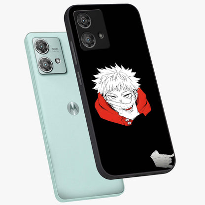 Crimson Chaos Smile Glass Case displayed in angled mockup highlighting edgy crimson smile design with graphic aesthetic.