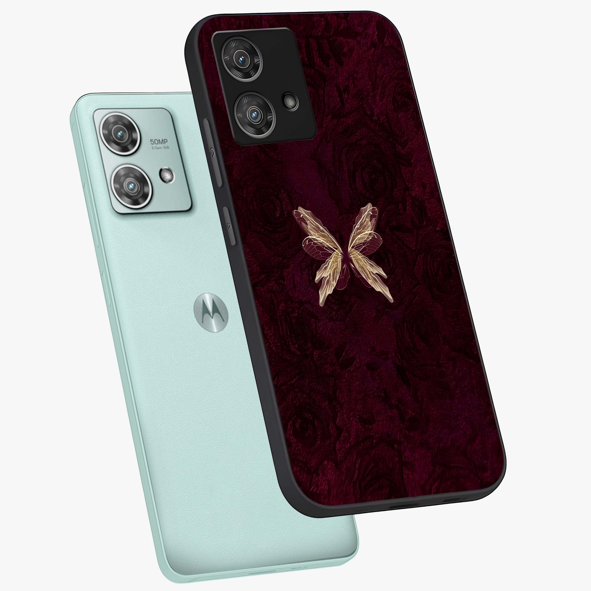 Crimson Fade Butterfly Glass Case displayed in angled mockup highlighting elegant butterfly design with crimson gradient aesthetic.
