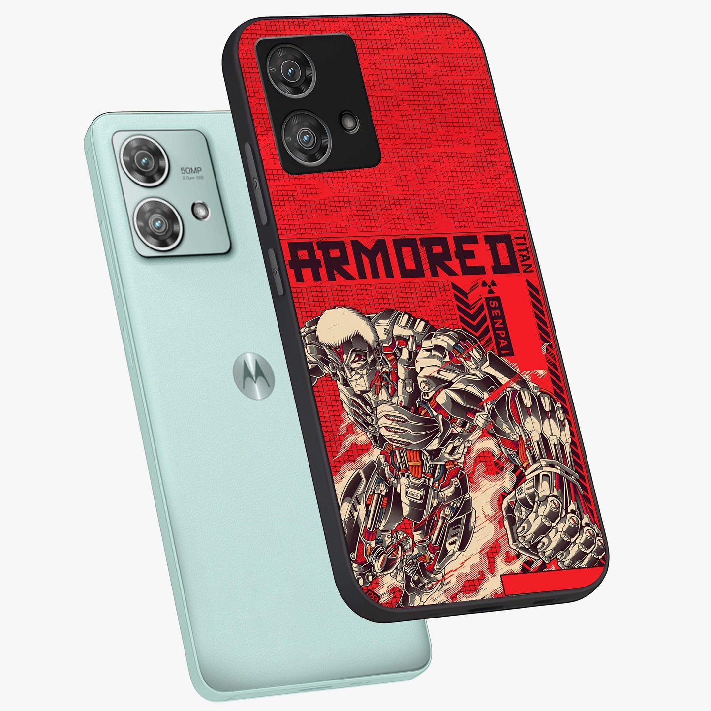Crimson Mecha Titan Glass Case displayed in angled mockup highlighting futuristic mech illustration with bold crimson aesthetic.