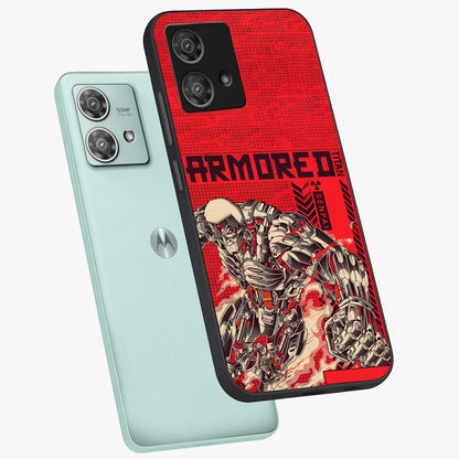 Crimson Mecha Titan Glass Case displayed in angled mockup highlighting futuristic mech illustration with bold crimson aesthetic.