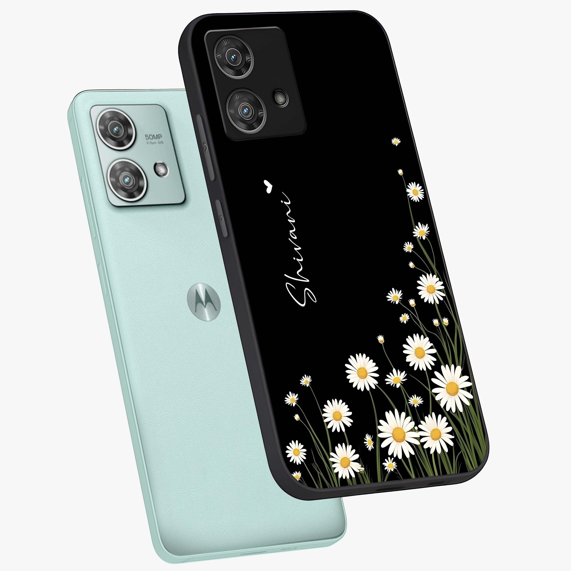 Daisy Cascade Custom Name Glass Case displayed in angled mockup highlighting delicate daisy artwork with custom name feature.