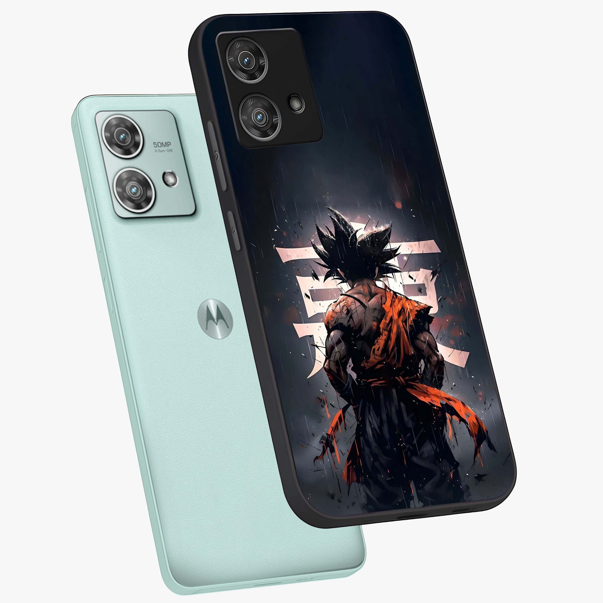 Dark Warrior In Rain Glass Case displayed in angled mockup highlighting dramatic warrior illustration with dark rain aesthetic.