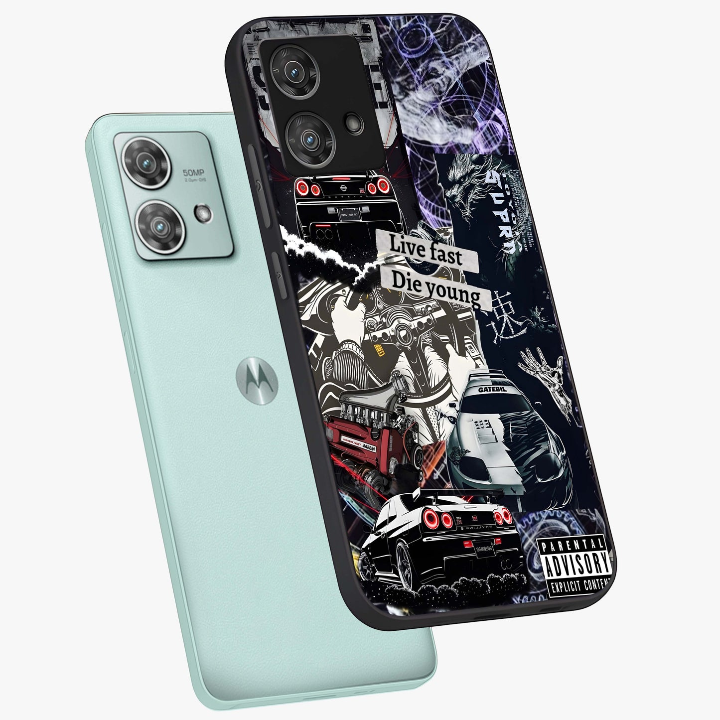 Die Young Glass Case displayed in angled mockup highlighting expressive graphic artwork with edgy aesthetic style.