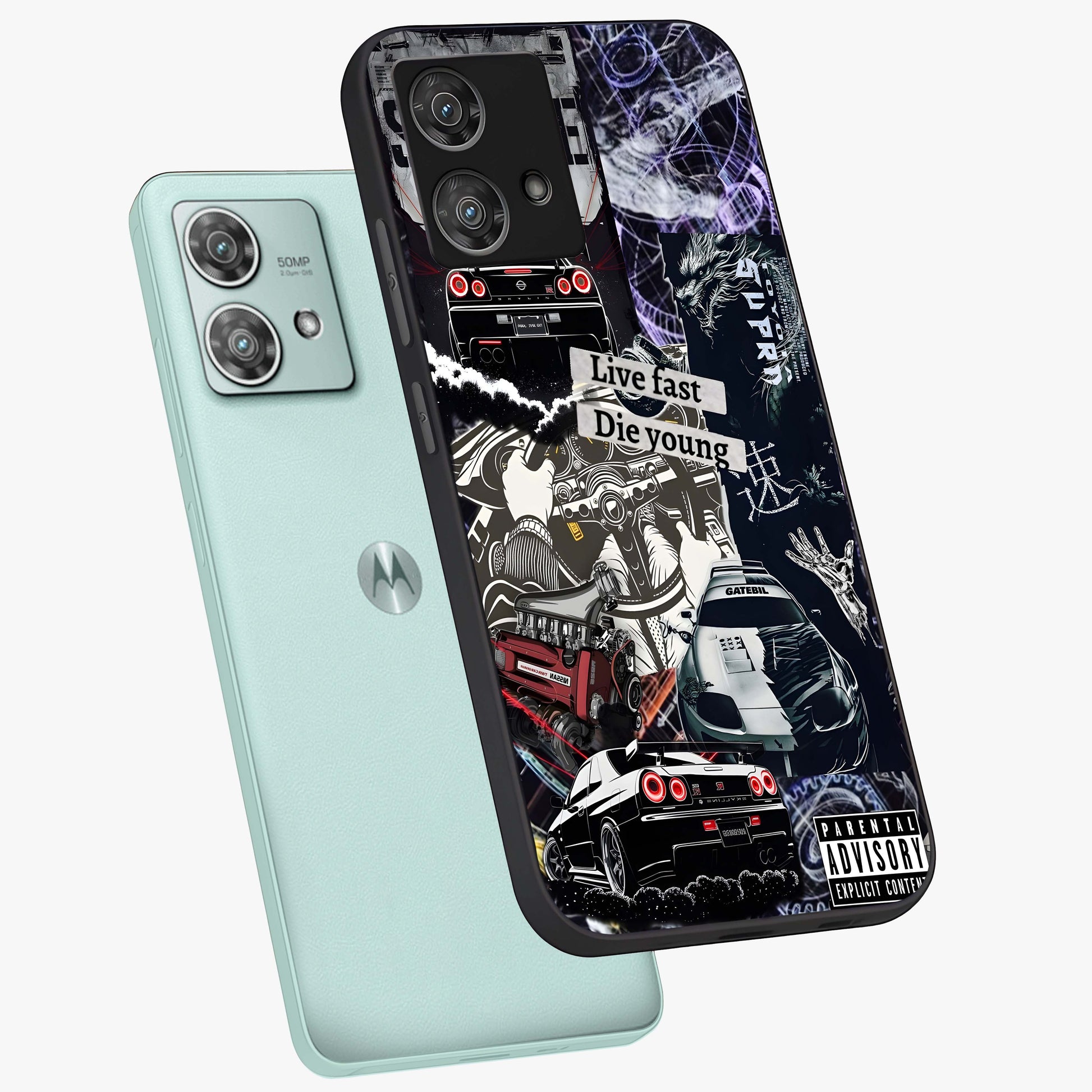 Die Young Glass Case displayed in angled mockup highlighting expressive graphic artwork with edgy aesthetic style.