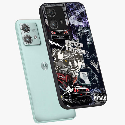 Die Young Glass Case displayed in angled mockup highlighting expressive graphic artwork with edgy aesthetic style.