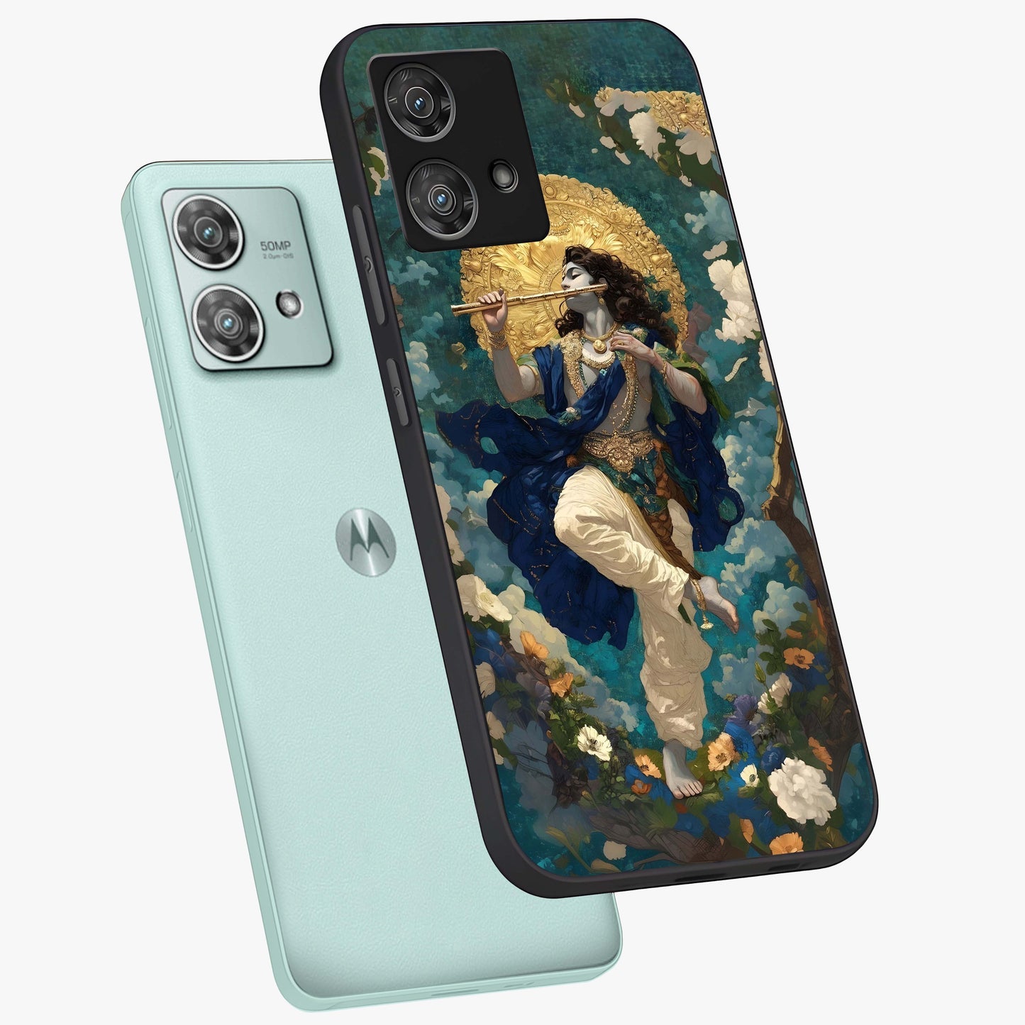 Divine Krishna Art Glass Case displayed in angled mockup highlighting spiritual Krishna illustration with devotional aesthetic.
