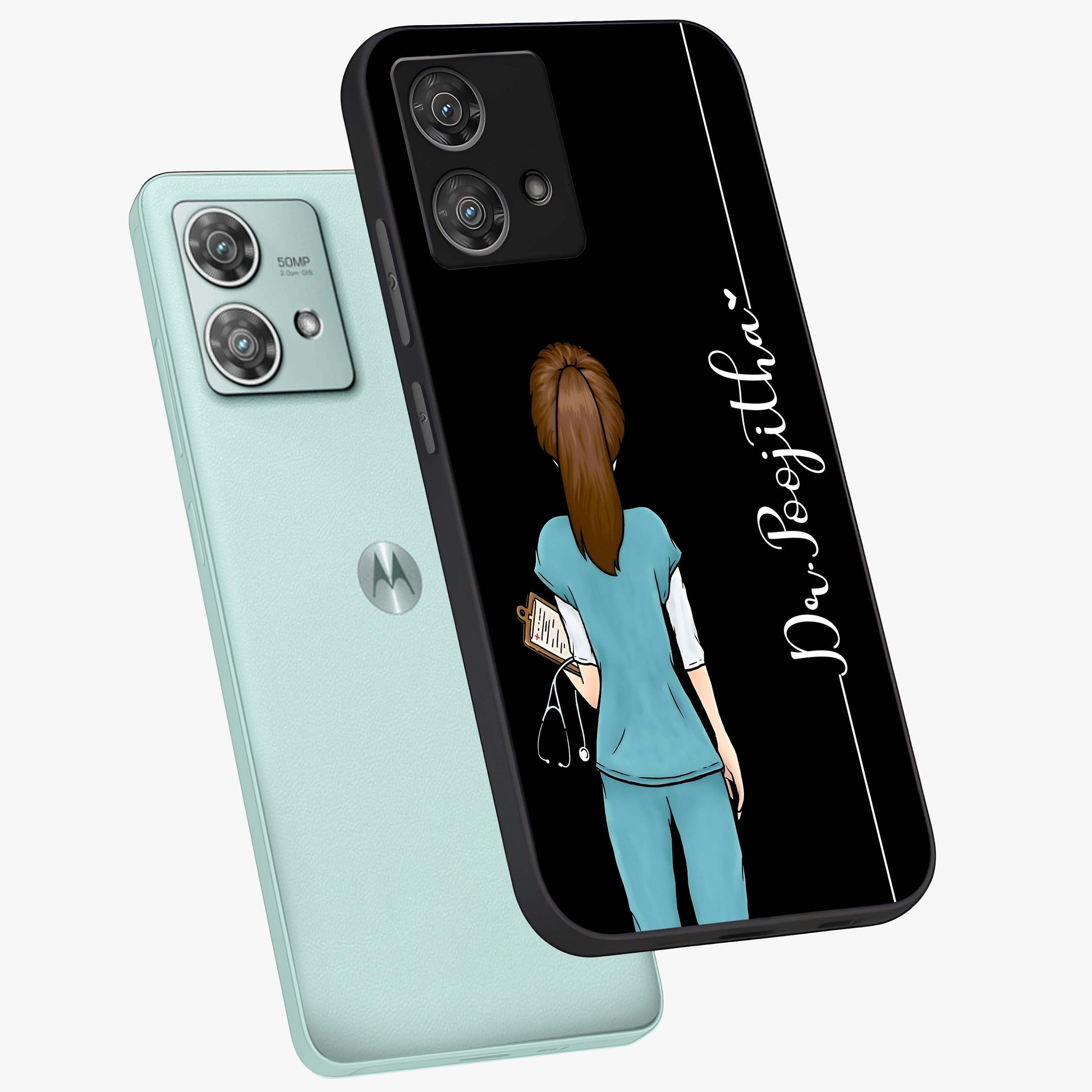 Doctor Pattern Custom Name Glass Case displayed in angled mockup highlighting doctor inspired artwork with custom name feature.