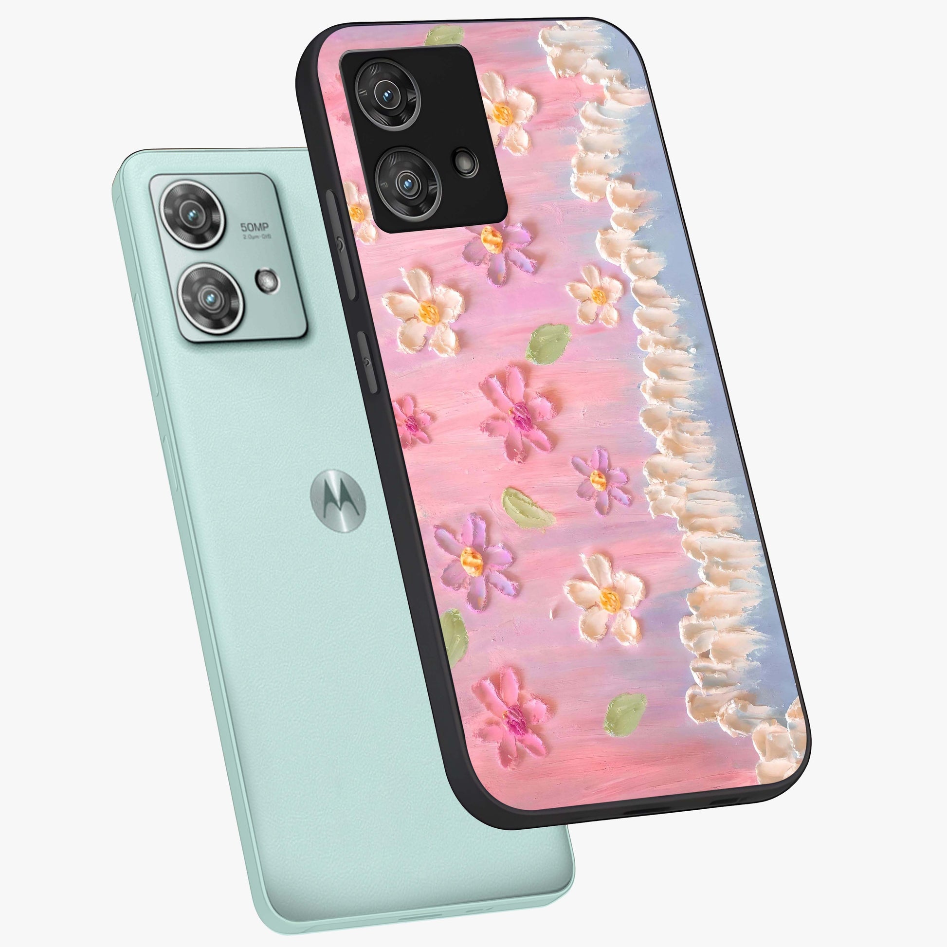 Dreamy Painted Garden Glass Case displayed in angled mockup highlighting colorful garden illustration with dreamy aesthetic style.