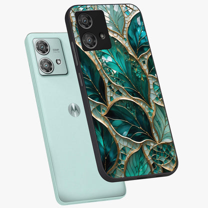Emerald Leaf Glass Glass Case displayed in angled mockup highlighting botanical leaf illustration with elegant natural aesthetic.