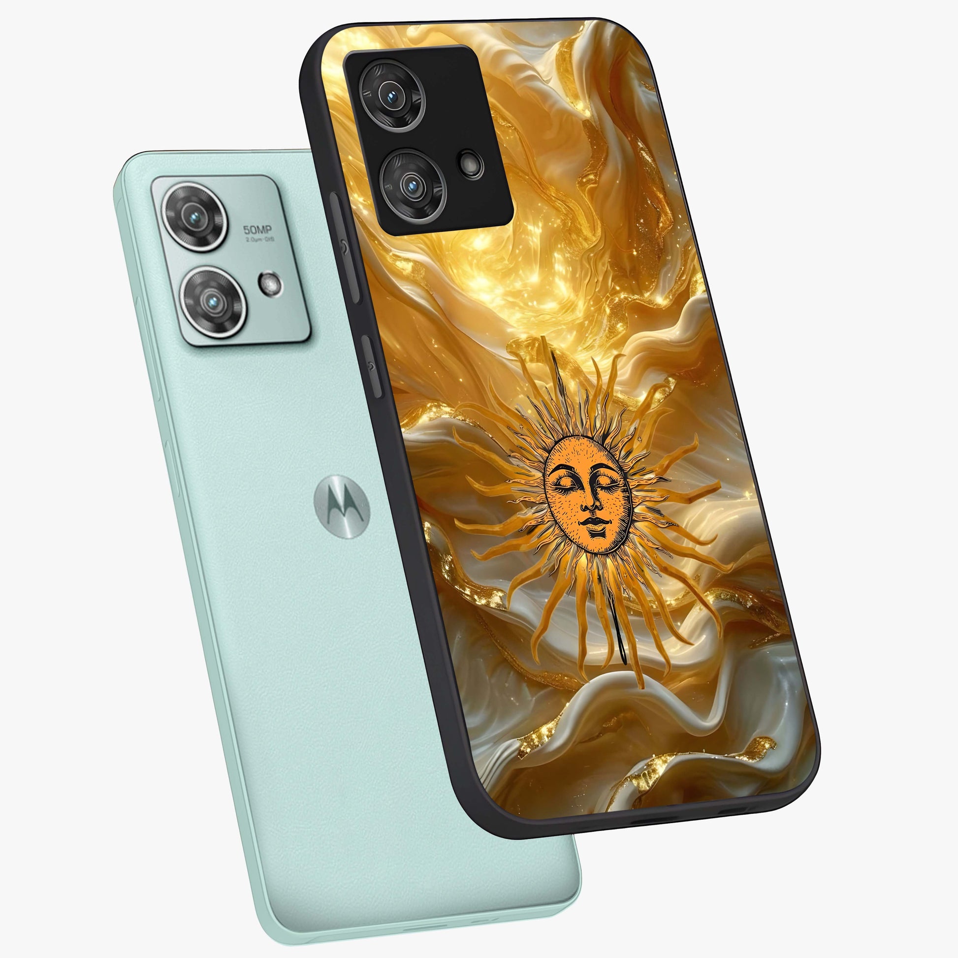 Eternal Golden Glow Glass Case displayed in angled mockup highlighting glowing golden aesthetic design with elegant style.